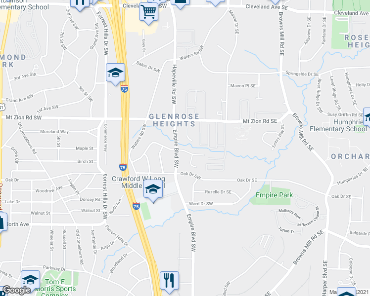 map of restaurants, bars, coffee shops, grocery stores, and more near 117 Glenrose Circle Southwest in Atlanta