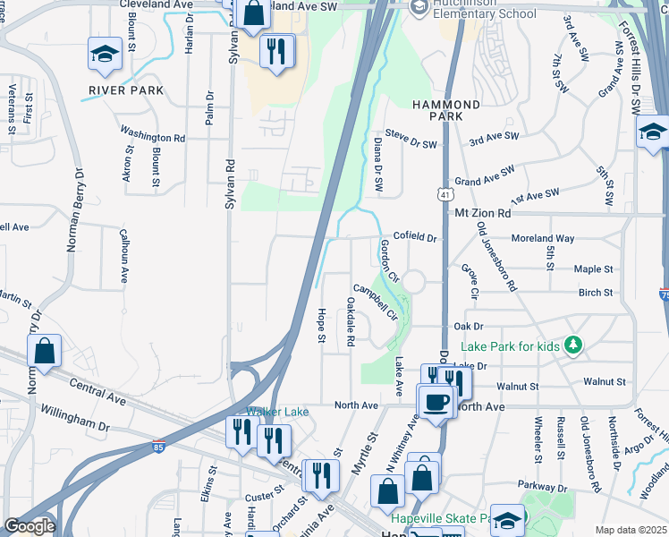 map of restaurants, bars, coffee shops, grocery stores, and more near 3045 Hope Street in Hapeville