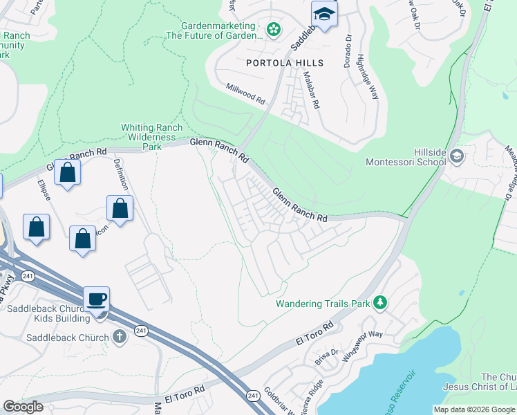 map of restaurants, bars, coffee shops, grocery stores, and more near 601 Shadowbrook in Trabuco Canyon