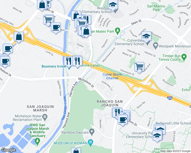 map of restaurants, bars, coffee shops, grocery stores, and more near 3383 Parkview Lane in Irvine