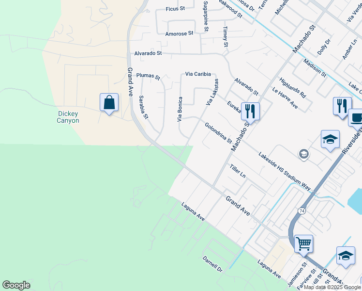 map of restaurants, bars, coffee shops, grocery stores, and more near 14958 Via Violetta in Lake Elsinore