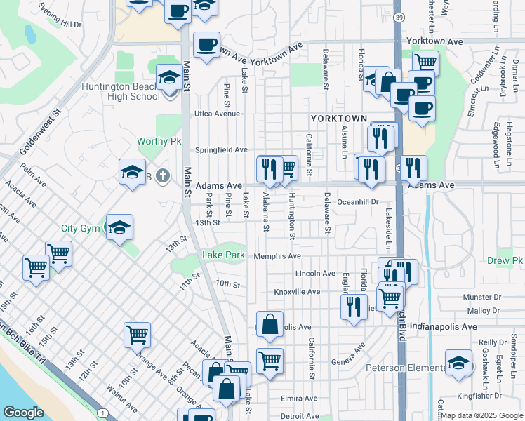 map of restaurants, bars, coffee shops, grocery stores, and more near 1513 Alabama Street in Huntington Beach