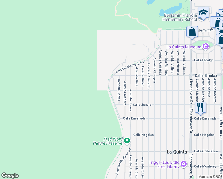 map of restaurants, bars, coffee shops, grocery stores, and more near 51991 Avenue Morales in La Quinta
