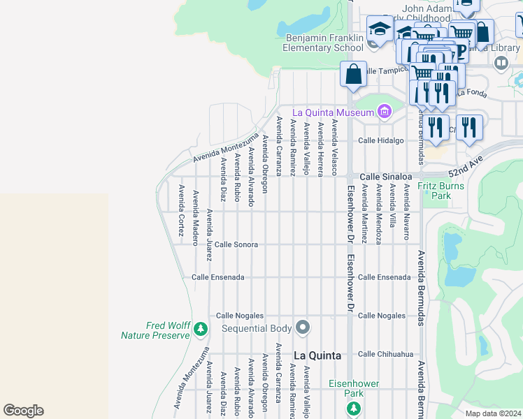 map of restaurants, bars, coffee shops, grocery stores, and more near 77420 Calle Durango in La Quinta