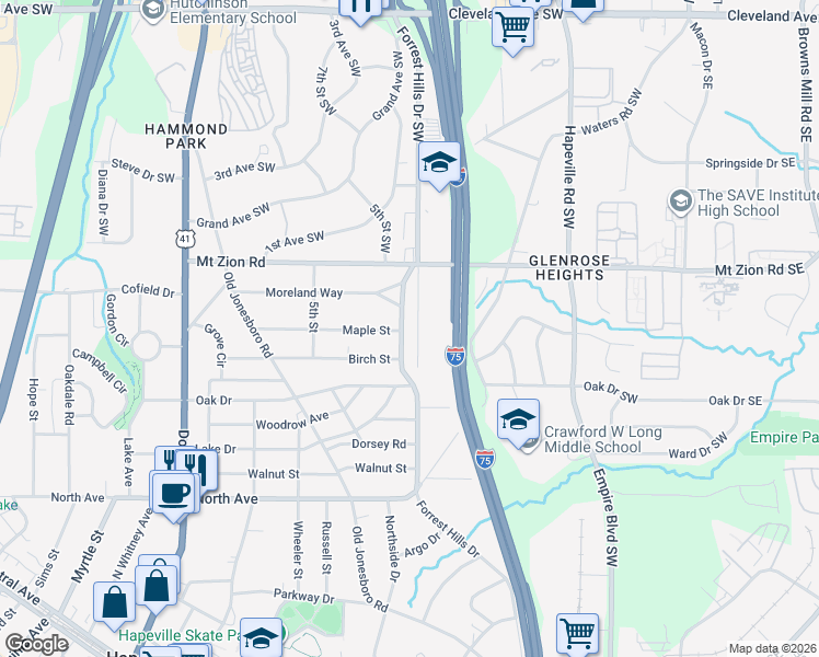 map of restaurants, bars, coffee shops, grocery stores, and more near 3160 Forrest Hills Drive in Hapeville
