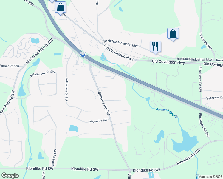 map of restaurants, bars, coffee shops, grocery stores, and more near 782 Smyrna Road Southwest in Conyers