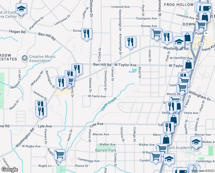 map of restaurants, bars, coffee shops, grocery stores, and more near 3109 Cloverhurst Drive in East Point