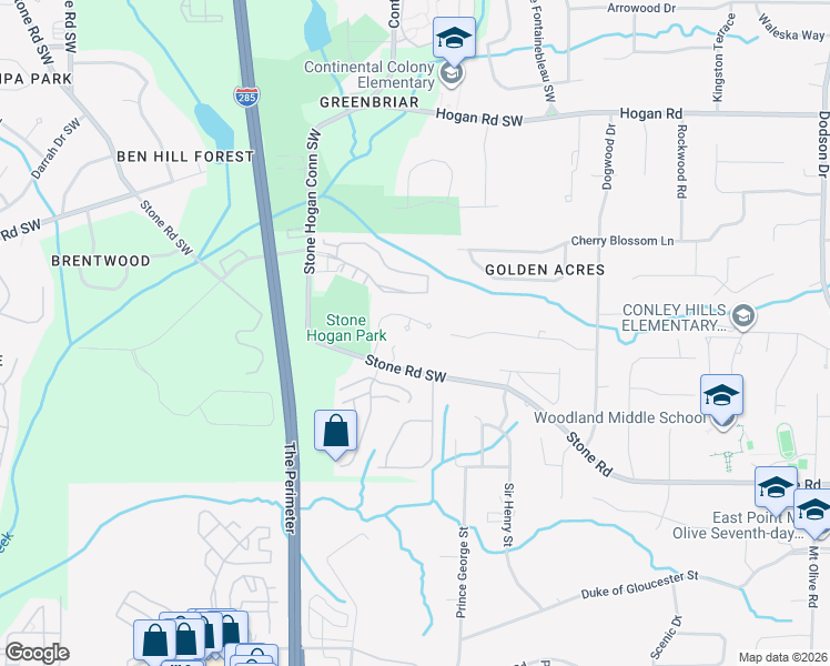 map of restaurants, bars, coffee shops, grocery stores, and more near 3191 Stone Road Southwest in Atlanta
