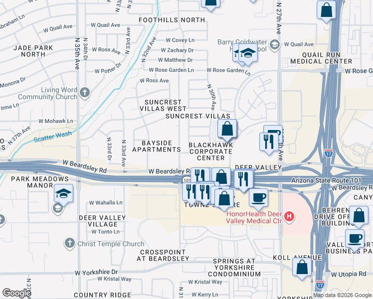 map of restaurants, bars, coffee shops, grocery stores, and more near 20235 North 30th Drive in Phoenix