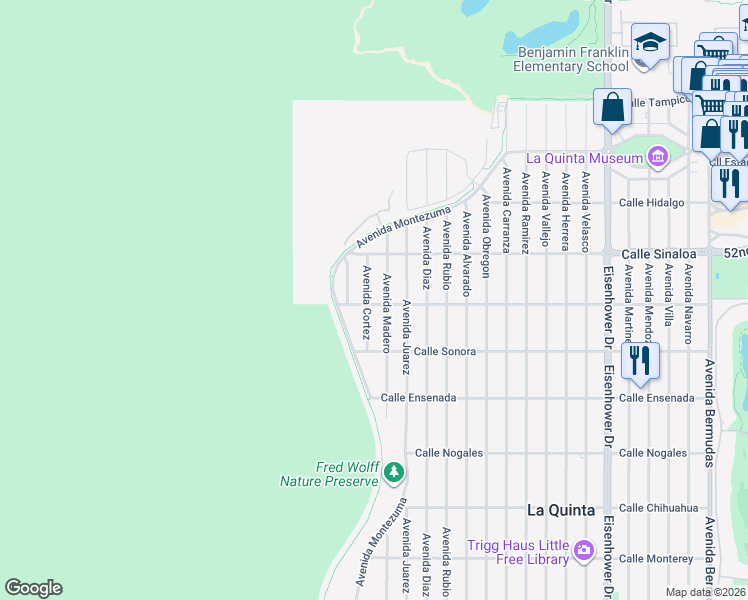 map of restaurants, bars, coffee shops, grocery stores, and more near 52011 Avenue Madero in La Quinta