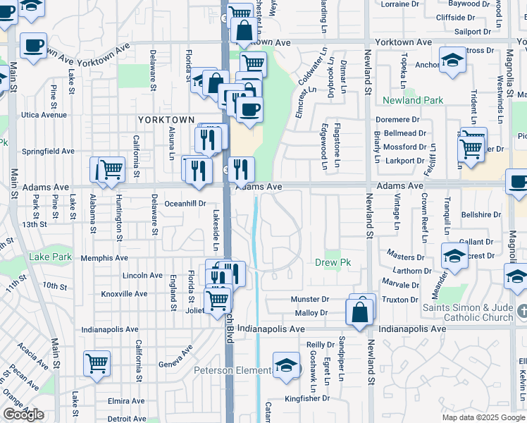 map of restaurants, bars, coffee shops, grocery stores, and more near 20092 Bayfront Lane in Huntington Beach