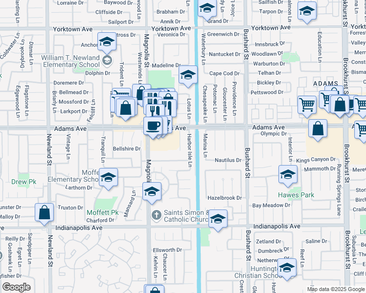 map of restaurants, bars, coffee shops, grocery stores, and more near 20092 Shorewood Circle in Huntington Beach