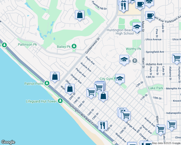 map of restaurants, bars, coffee shops, grocery stores, and more near 525 20th Street in Huntington Beach