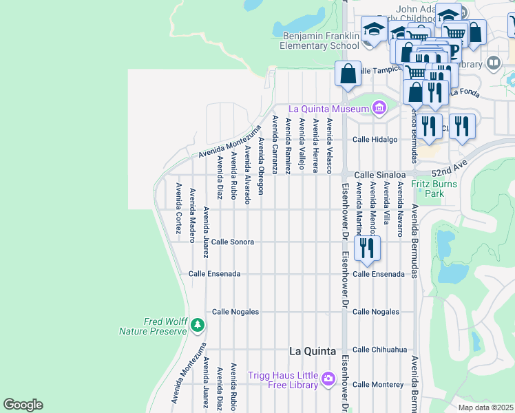map of restaurants, bars, coffee shops, grocery stores, and more near 77420 Calle Durango in La Quinta