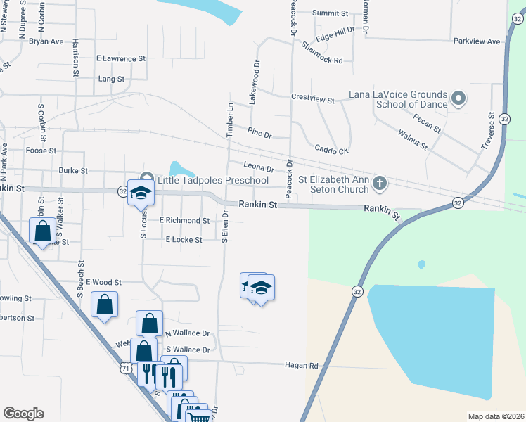 map of restaurants, bars, coffee shops, grocery stores, and more near 1551 Rankin Street in Ashdown
