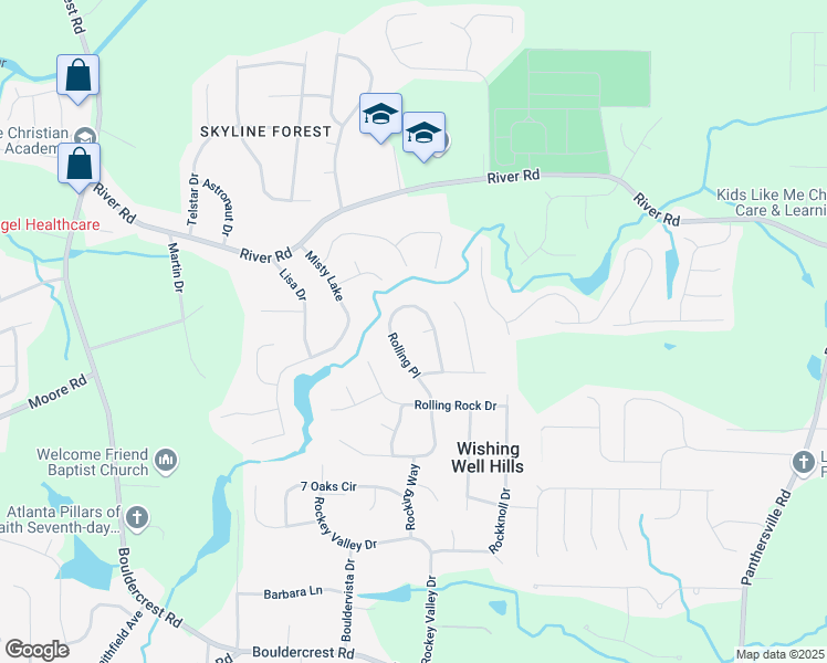 map of restaurants, bars, coffee shops, grocery stores, and more near 2312 Rolling Rock Court in Conley