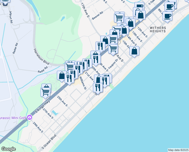 map of restaurants, bars, coffee shops, grocery stores, and more near 304 21st Avenue South in Myrtle Beach