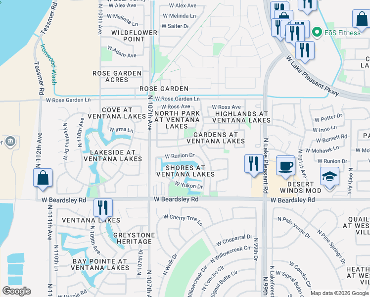 map of restaurants, bars, coffee shops, grocery stores, and more near 10532 West Runion Drive in Peoria
