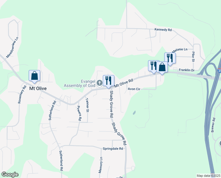 map of restaurants, bars, coffee shops, grocery stores, and more near 2470 Mount Olive Road in Mount Olive