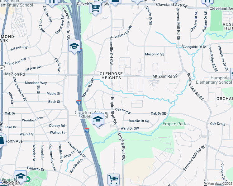 map of restaurants, bars, coffee shops, grocery stores, and more near 125 Glenrose Circle Southwest in Atlanta