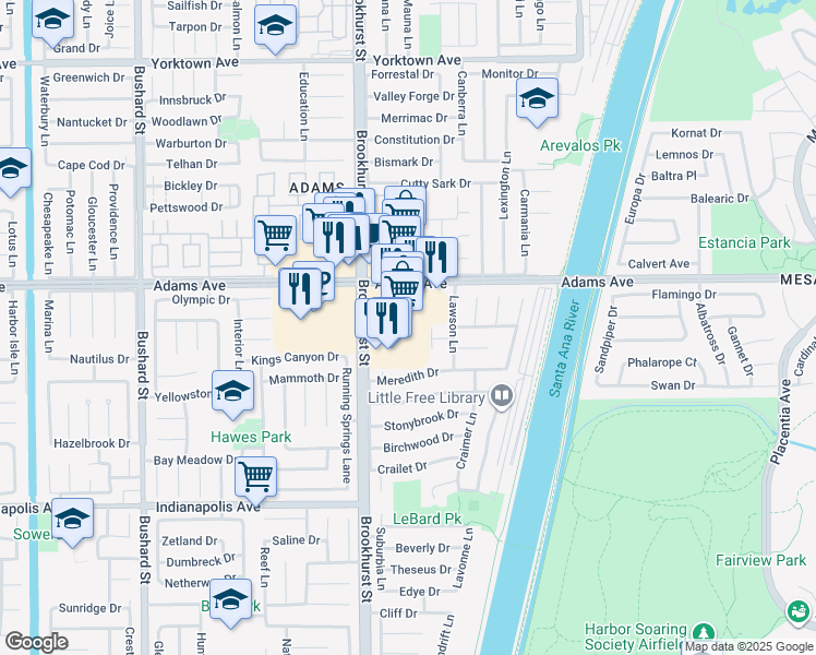 map of restaurants, bars, coffee shops, grocery stores, and more near Unnamed Road in Huntington Beach