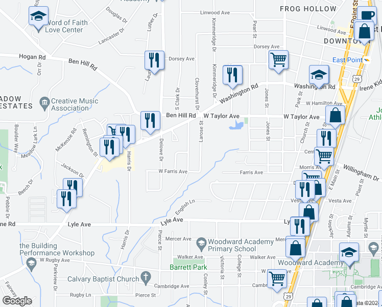 map of restaurants, bars, coffee shops, grocery stores, and more near 3109 Cloverhurst Drive in East Point