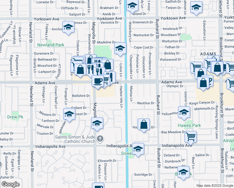 map of restaurants, bars, coffee shops, grocery stores, and more near 20092 Shorewood Circle in Huntington Beach