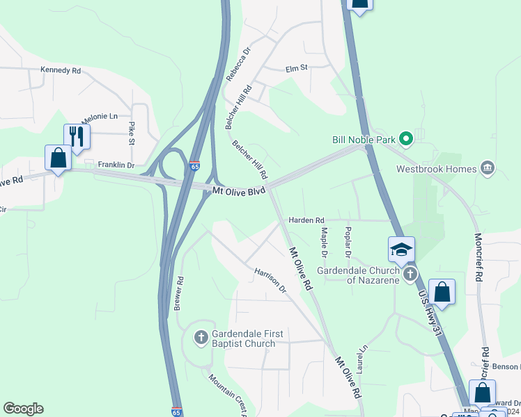 map of restaurants, bars, coffee shops, grocery stores, and more near 1940 Tanner Drive in Gardendale