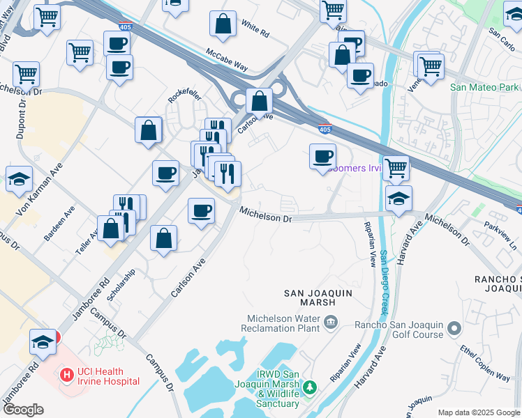 map of restaurants, bars, coffee shops, grocery stores, and more near 3301 Michelson Drive in Irvine