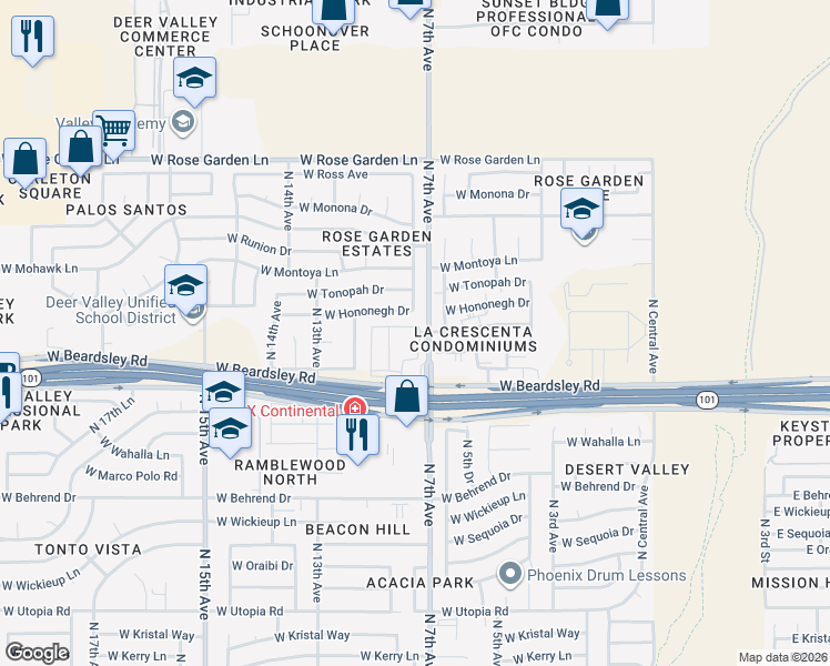 map of restaurants, bars, coffee shops, grocery stores, and more near 20350 North 7th Avenue in Phoenix