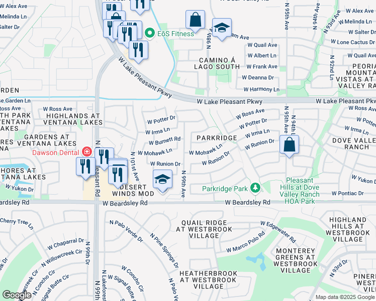 map of restaurants, bars, coffee shops, grocery stores, and more near 9859 West Mohawk Lane in Peoria