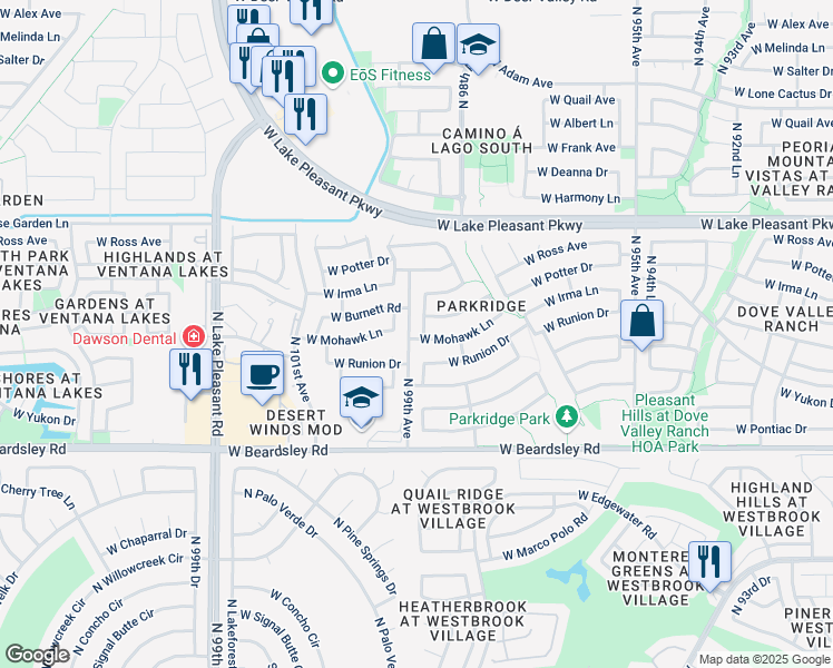 map of restaurants, bars, coffee shops, grocery stores, and more near 9859 West Mohawk Lane in Peoria
