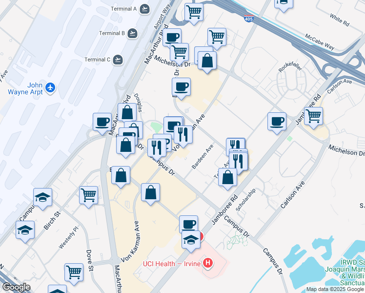 map of restaurants, bars, coffee shops, grocery stores, and more near 19200 Von Karman Avenue in Irvine