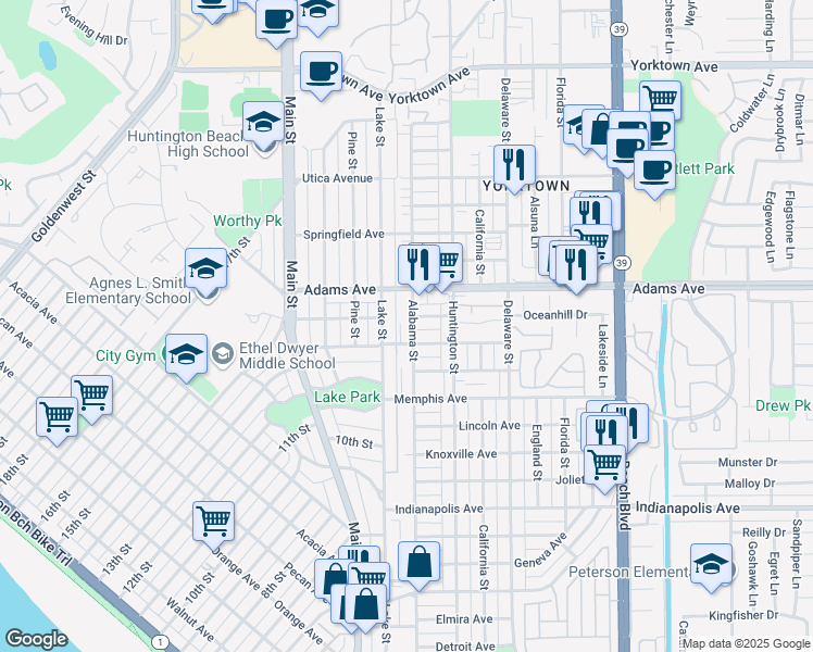 map of restaurants, bars, coffee shops, grocery stores, and more near 1102 Lake Street in Huntington Beach