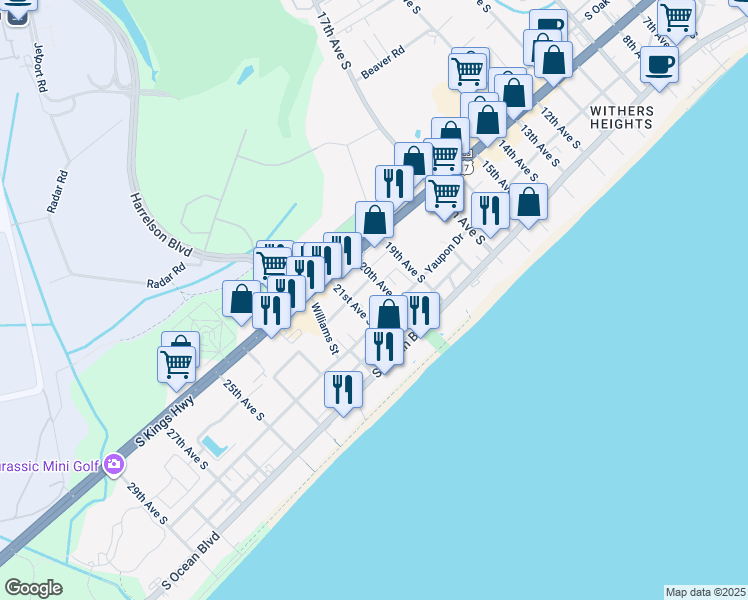 map of restaurants, bars, coffee shops, grocery stores, and more near 2010 Yaupon Drive in Myrtle Beach