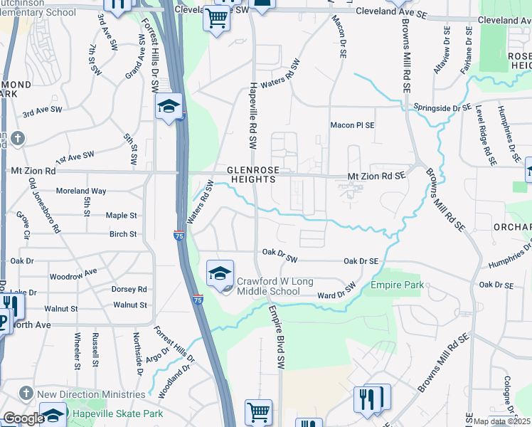 map of restaurants, bars, coffee shops, grocery stores, and more near 125 Glenrose Circle Southwest in Atlanta