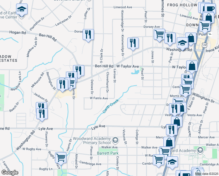 map of restaurants, bars, coffee shops, grocery stores, and more near 3109 Cloverhurst Drive in East Point