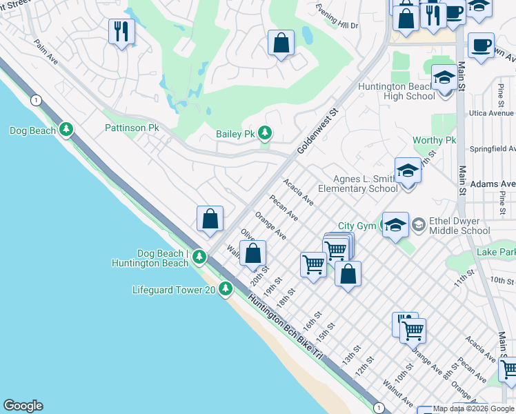map of restaurants, bars, coffee shops, grocery stores, and more near 401 22nd Street in Huntington Beach