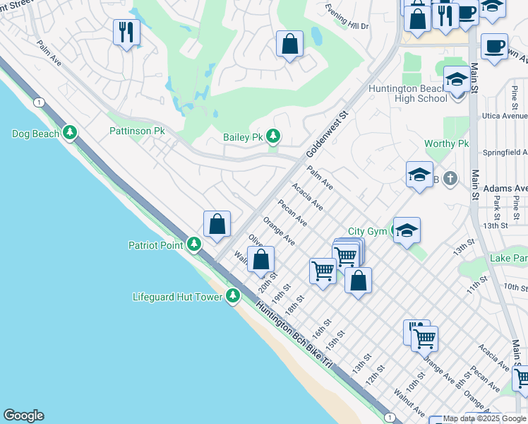 map of restaurants, bars, coffee shops, grocery stores, and more near 404 Goldenwest Street in Huntington Beach
