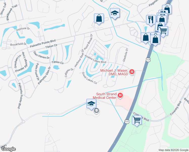 map of restaurants, bars, coffee shops, grocery stores, and more near 2032 Saltwater Street in Myrtle Beach