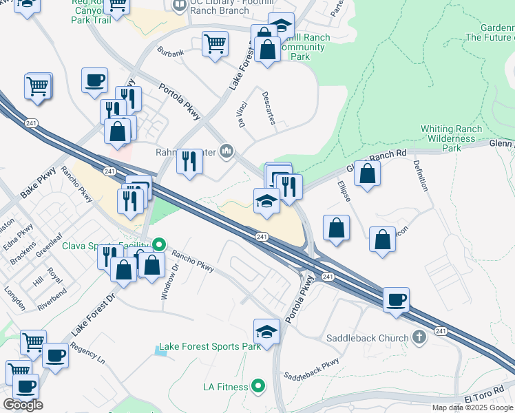 map of restaurants, bars, coffee shops, grocery stores, and more near 27422 Portola Parkway in Lake Forest