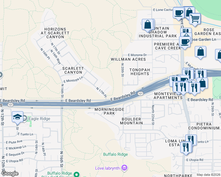 map of restaurants, bars, coffee shops, grocery stores, and more near 1727 East Pontiac Drive in Phoenix