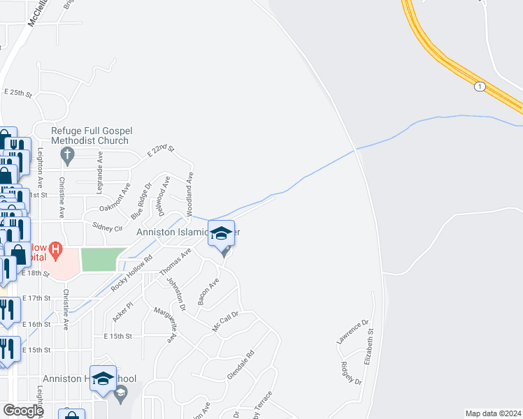 map of restaurants, bars, coffee shops, grocery stores, and more near 2121 Thomas Avenue in Anniston