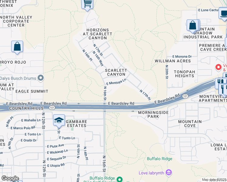 map of restaurants, bars, coffee shops, grocery stores, and more near 1625 East Tonopah Drive in Phoenix