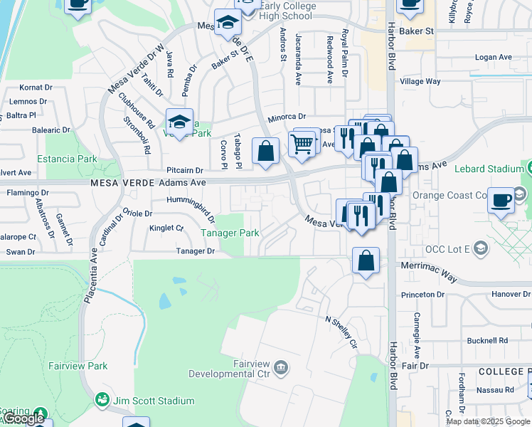 map of restaurants, bars, coffee shops, grocery stores, and more near 2775 Mesa Verde Drive East in Costa Mesa