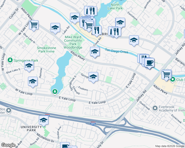 map of restaurants, bars, coffee shops, grocery stores, and more near 622 Springbrook North in Irvine