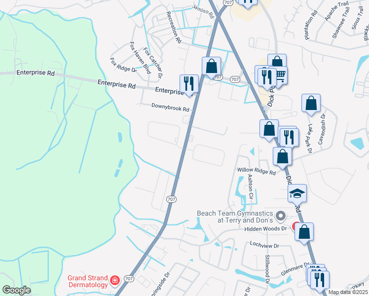 map of restaurants, bars, coffee shops, grocery stores, and more near 6602 Highway 707 in Myrtle Beach