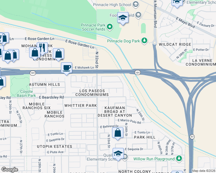 map of restaurants, bars, coffee shops, grocery stores, and more near 3229 East Blackhawk Drive in Phoenix