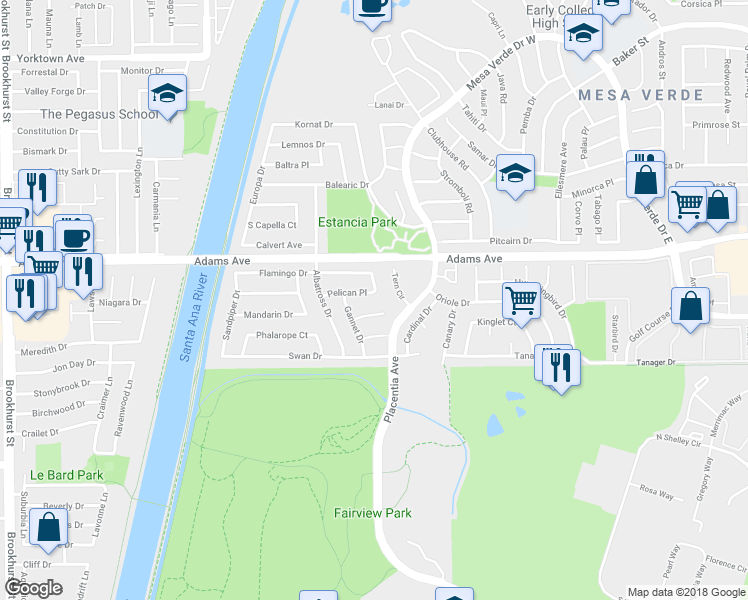 map of restaurants, bars, coffee shops, grocery stores, and more near 1943 Pelican Place in Costa Mesa