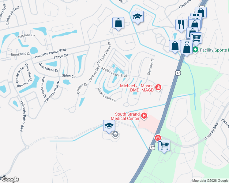 map of restaurants, bars, coffee shops, grocery stores, and more near 2032 Saltwater Street in Myrtle Beach